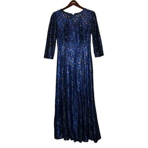Tahari ASL Blue Black Sequin Embellished Lace Flare Floral Gown Size 6 Formal
